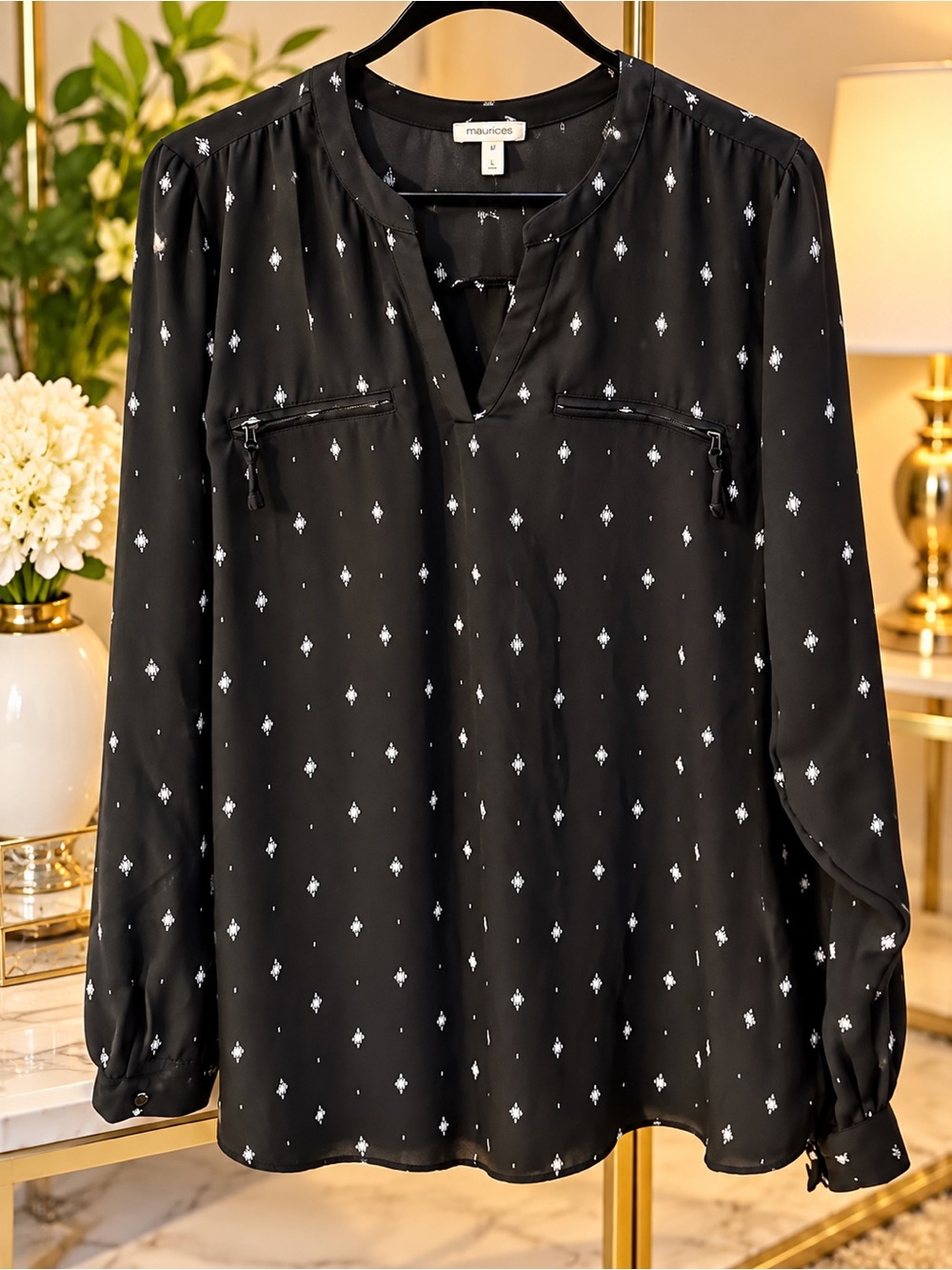 Maurices Black Long-Sleeve Split V-Neck Printed Blouse